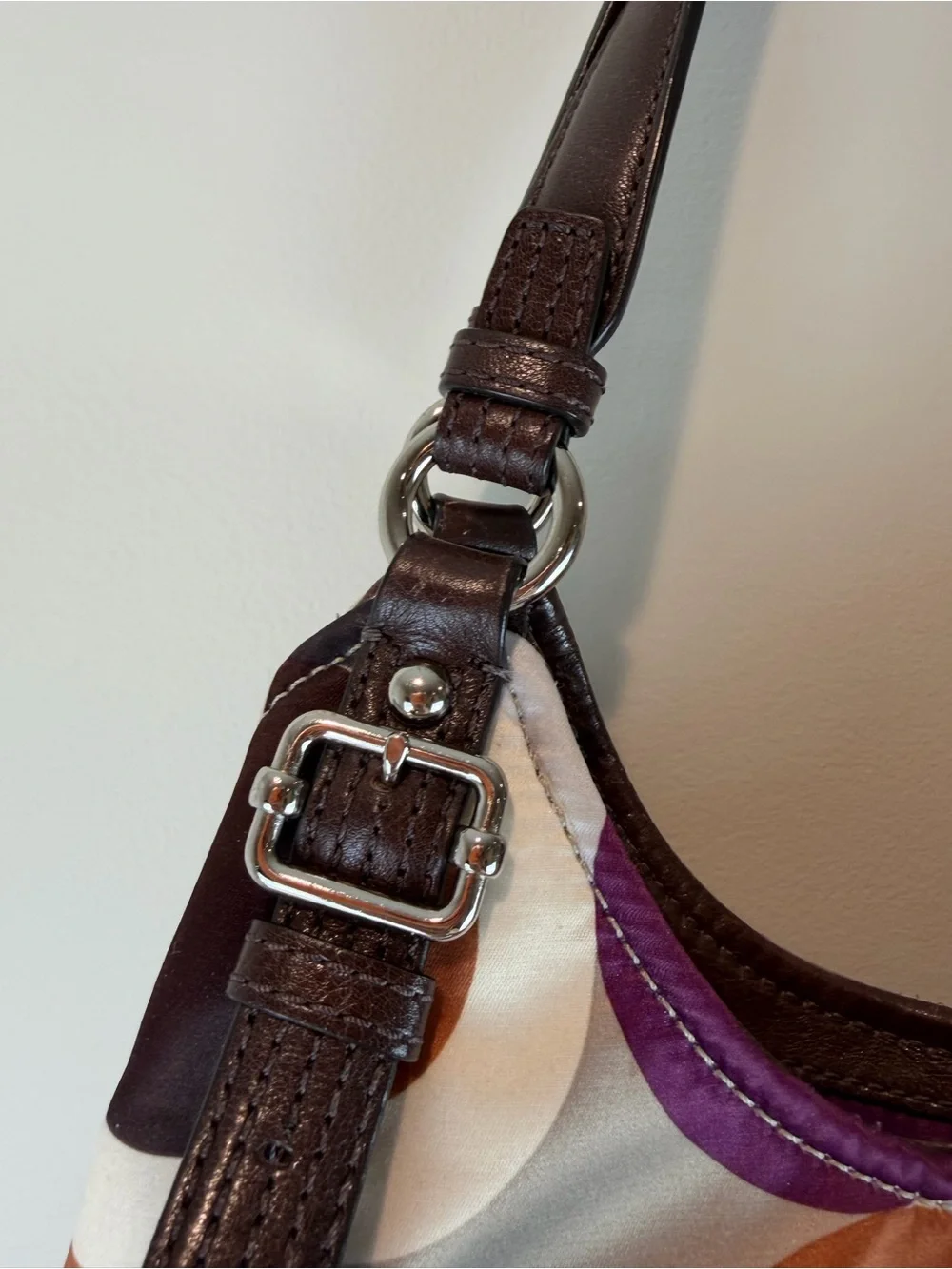 Coach Op Art Glam Satin Print Shoulder Bag in Brown, Purple & Cream